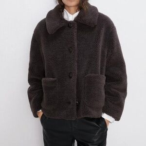 Zara Teddy Sherpa Coat Dark Brown Size XS
